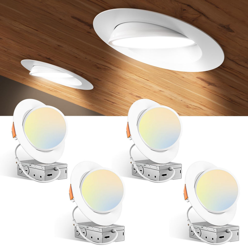 Amico 4-pack 6-inch gimbal downlight focusing light across a room.
