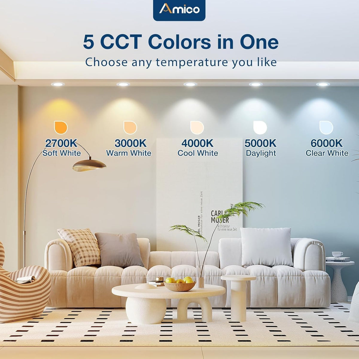 Amico 5/6-inch LED can light color temperature options from warm to cool.