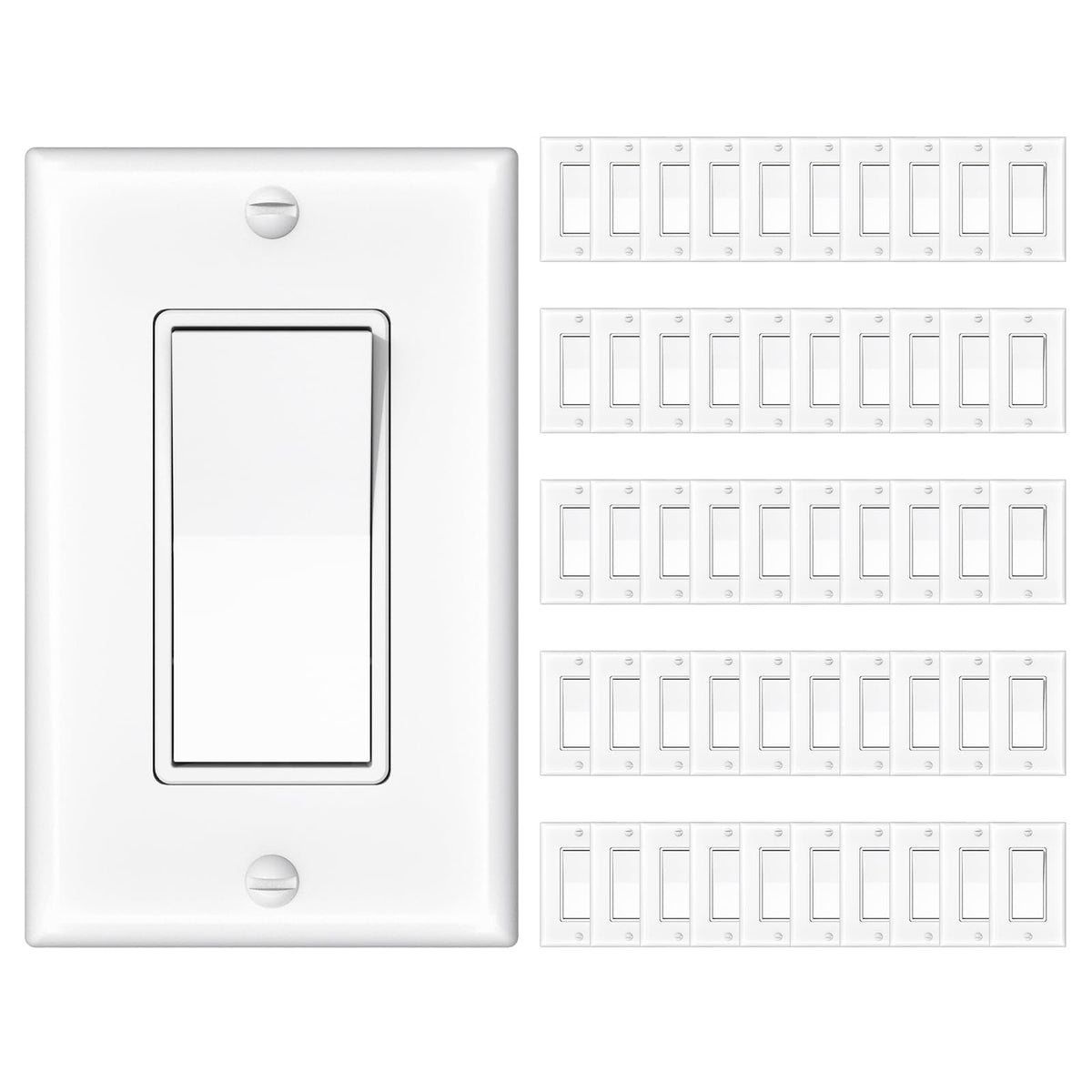 Amico 50-pack single-pole switch with wall plate for quick home and business upgrades.