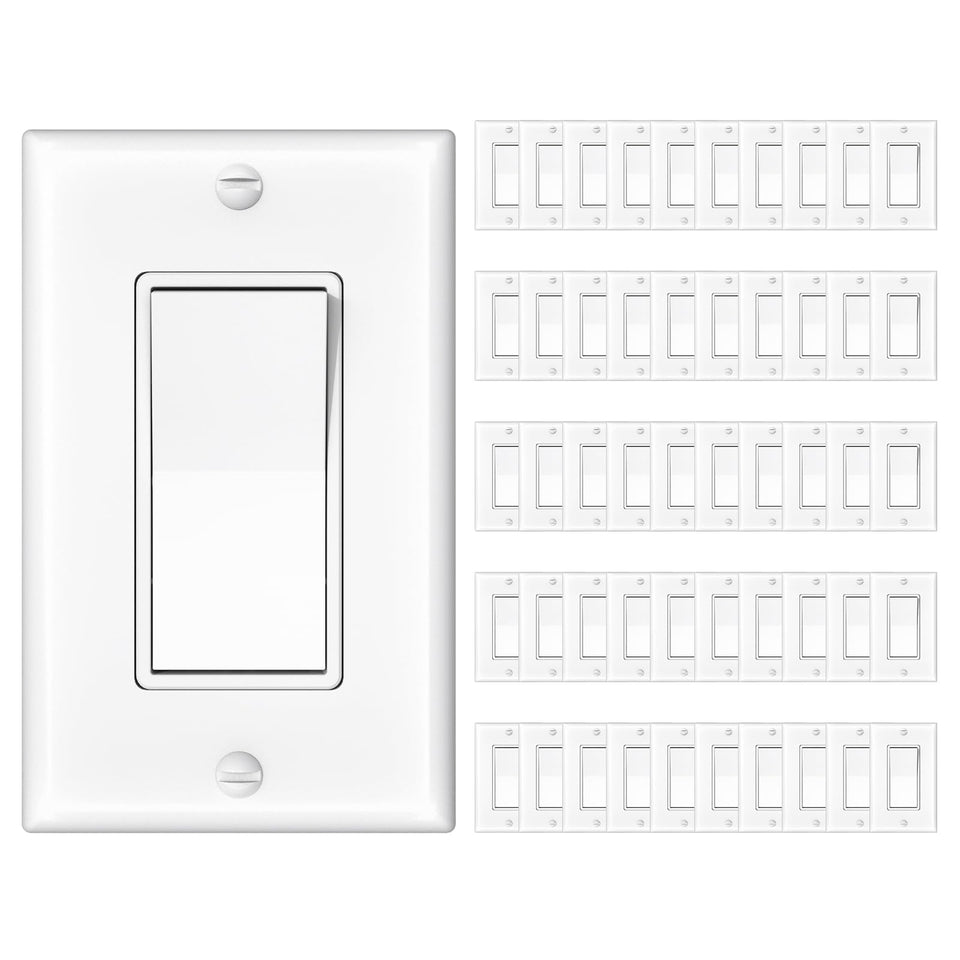 Amico 50-pack single-pole switch with wall plate for quick home and business upgrades.