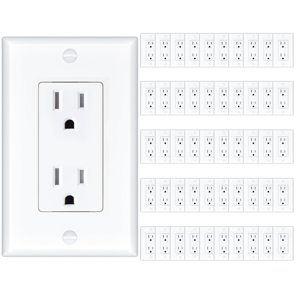 Amico 50-pack wall outlet front view, UL-listed reliability for homes and offices.