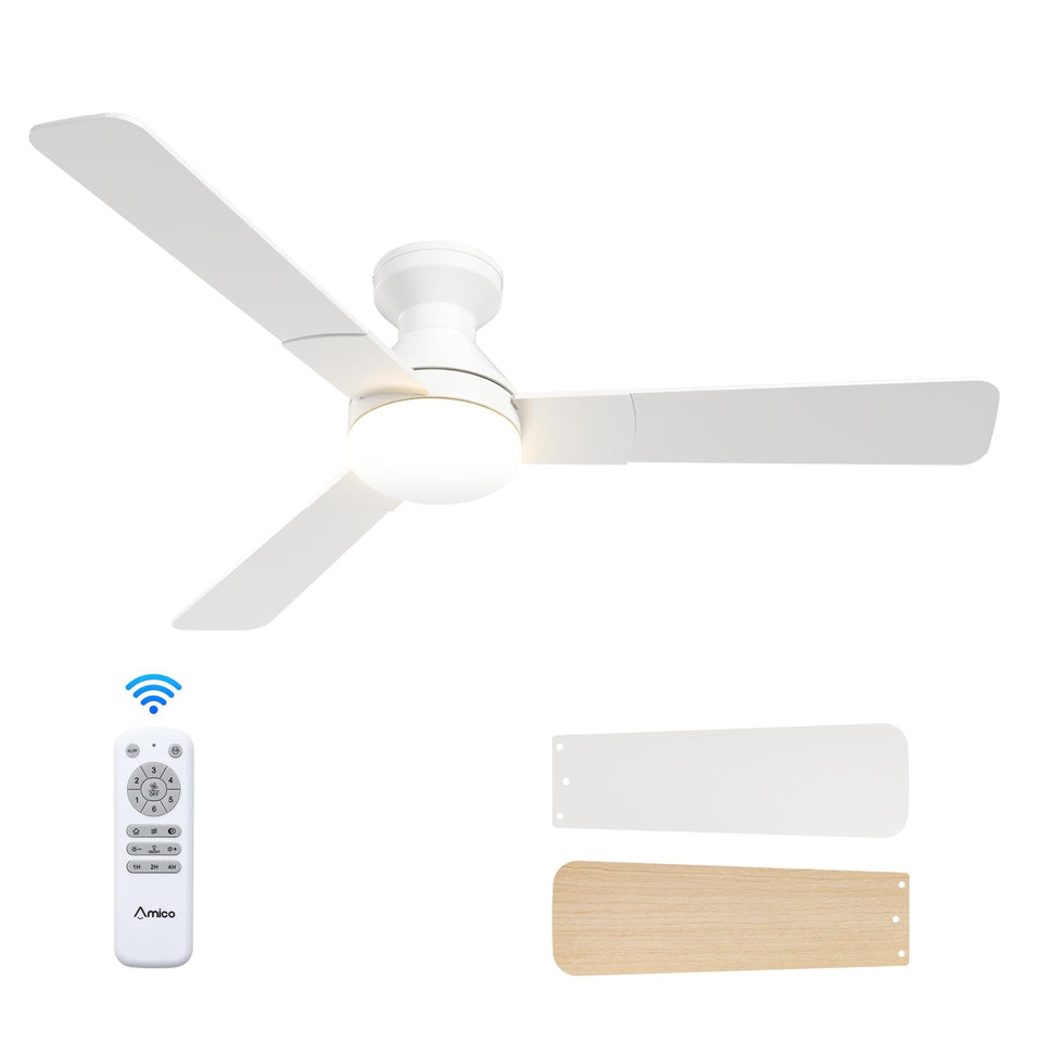 Amico 52-inch ceiling fan with light, front view, stylish cooling for living spaces.