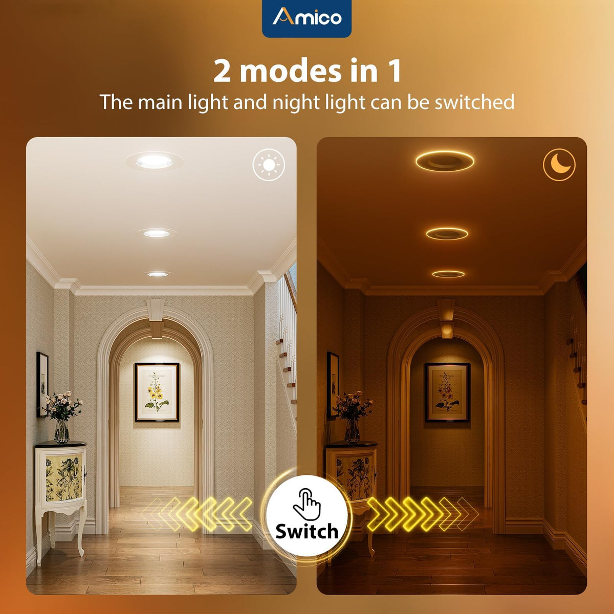 Amico 5CCT selectable LEDs show warm to cool color range.