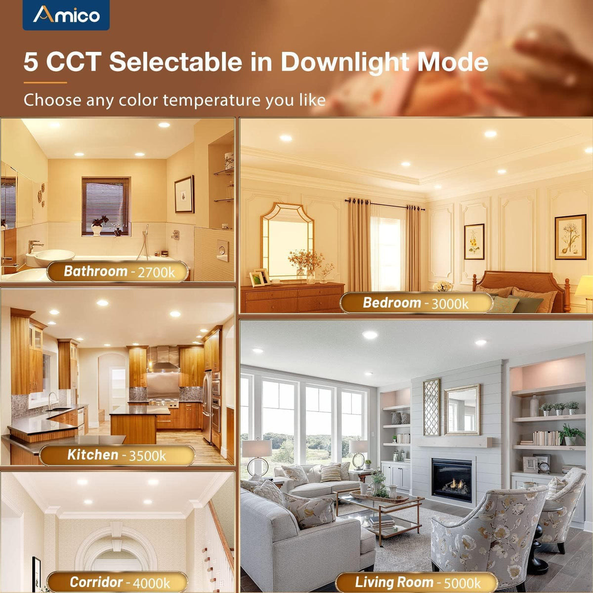 Amico 5CCT color temperature options before installation for flexibility.