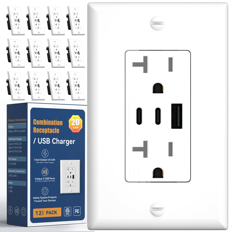 Amico 6.0A USB outlet front view, ideal for multi-device charging.