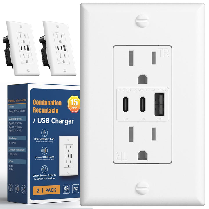 Amico 6.0A USB outlet front view with two USB-C and one USB-A ports for fast charging