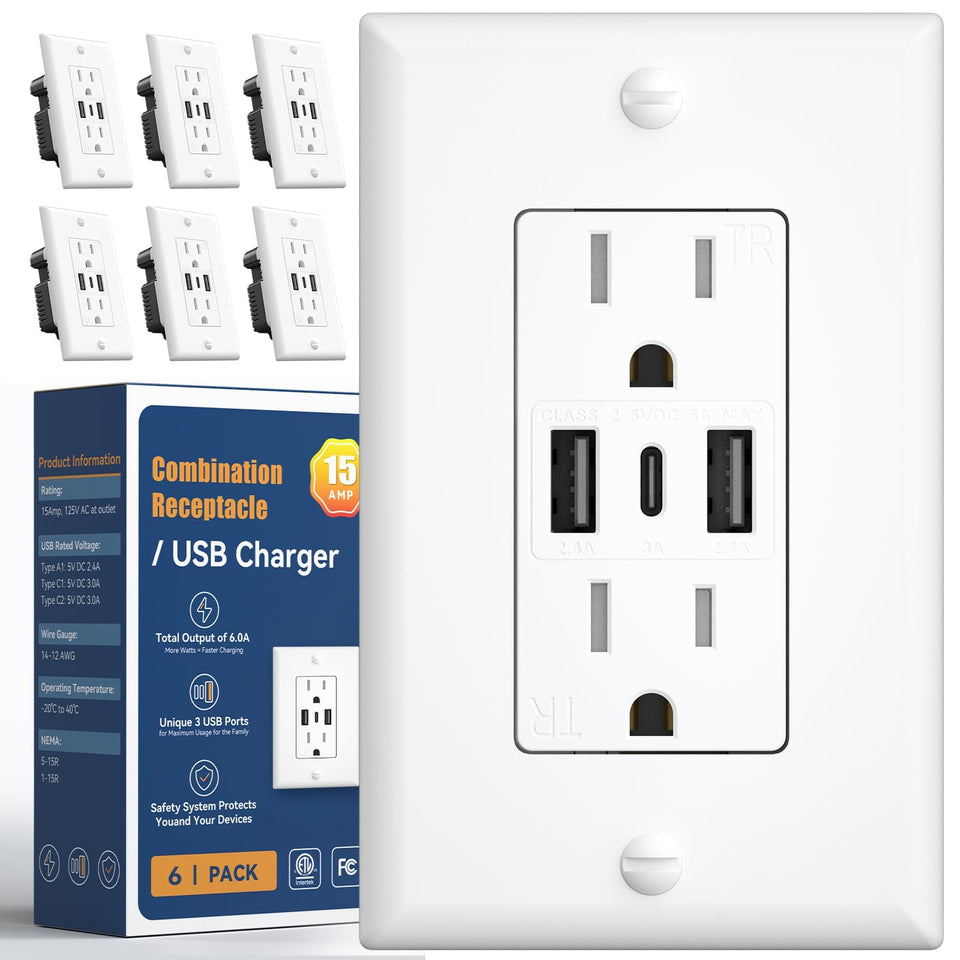 Amico USB outlet front view with 2 Type-A and 1 Type-C ports for versatile charging.