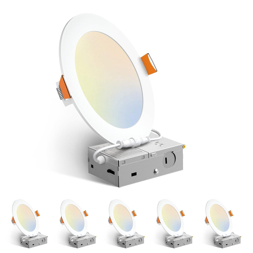 Amico 6-pack 6-inch LED recessed light with J-box closeup for quick retrofit installations.