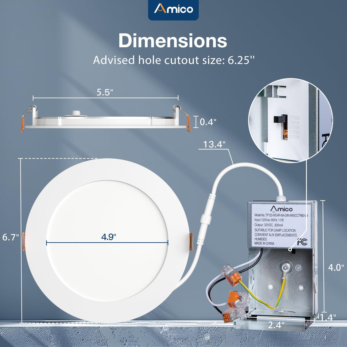 Amico 6-inch LED downlight is dimmable for customizable brightness levels.