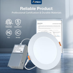 Amico 6-inch LED downlight with ETL certification and five-year warranty.