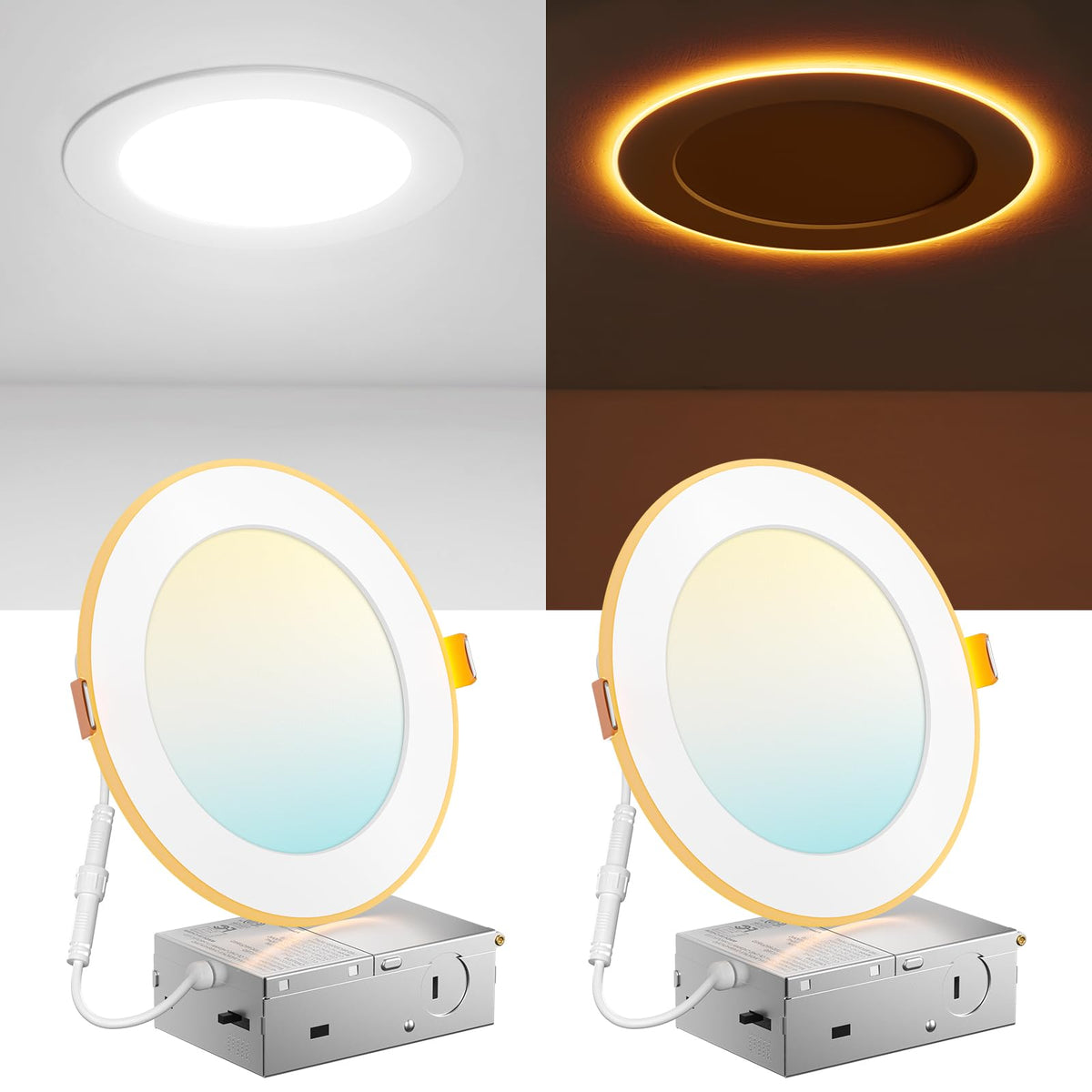Amico 6-inch downlight with night light amber glow for soft nighttime ambience.