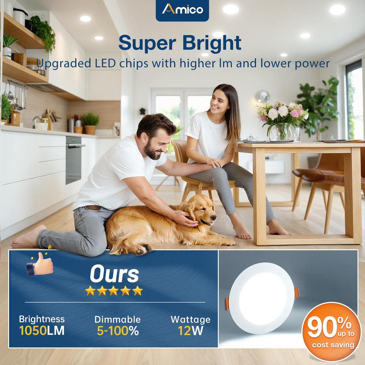 Amico 6-Inch LED recessed light delivers 1050 lumens for bright rooms with efficiency.