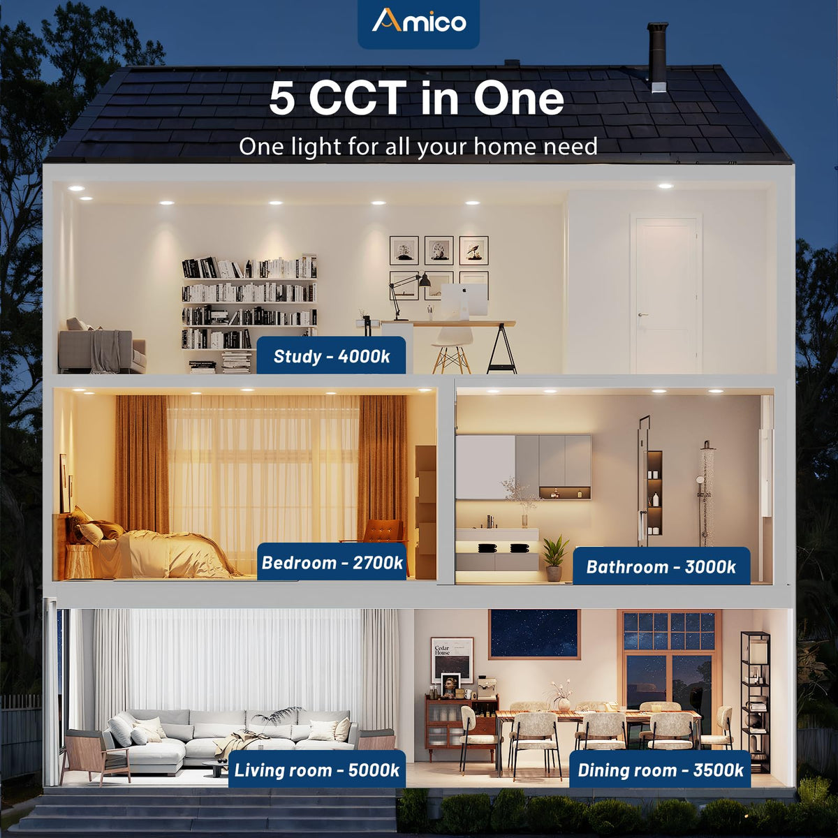 Amico 6-Inch LED recessed light installation showing 1:1 hole template for retrofit.