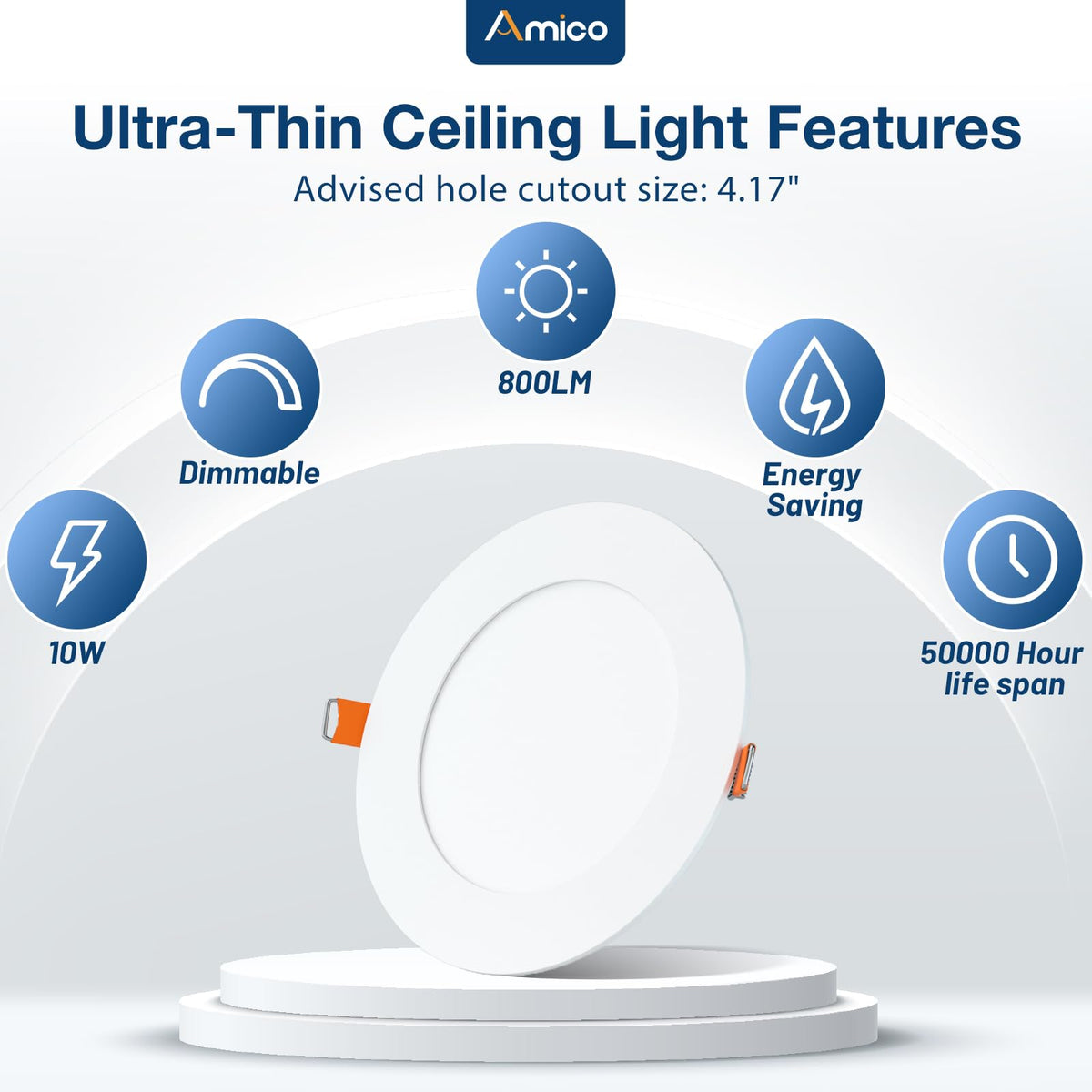 Amico 800 lm 10W LED downlight demonstrates high brightness close-up.