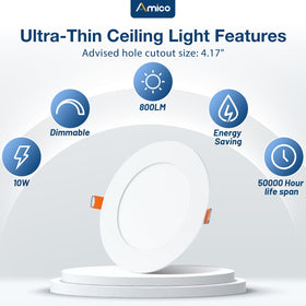 Amico 800 lm 10W LED downlight demonstrates high brightness close-up.