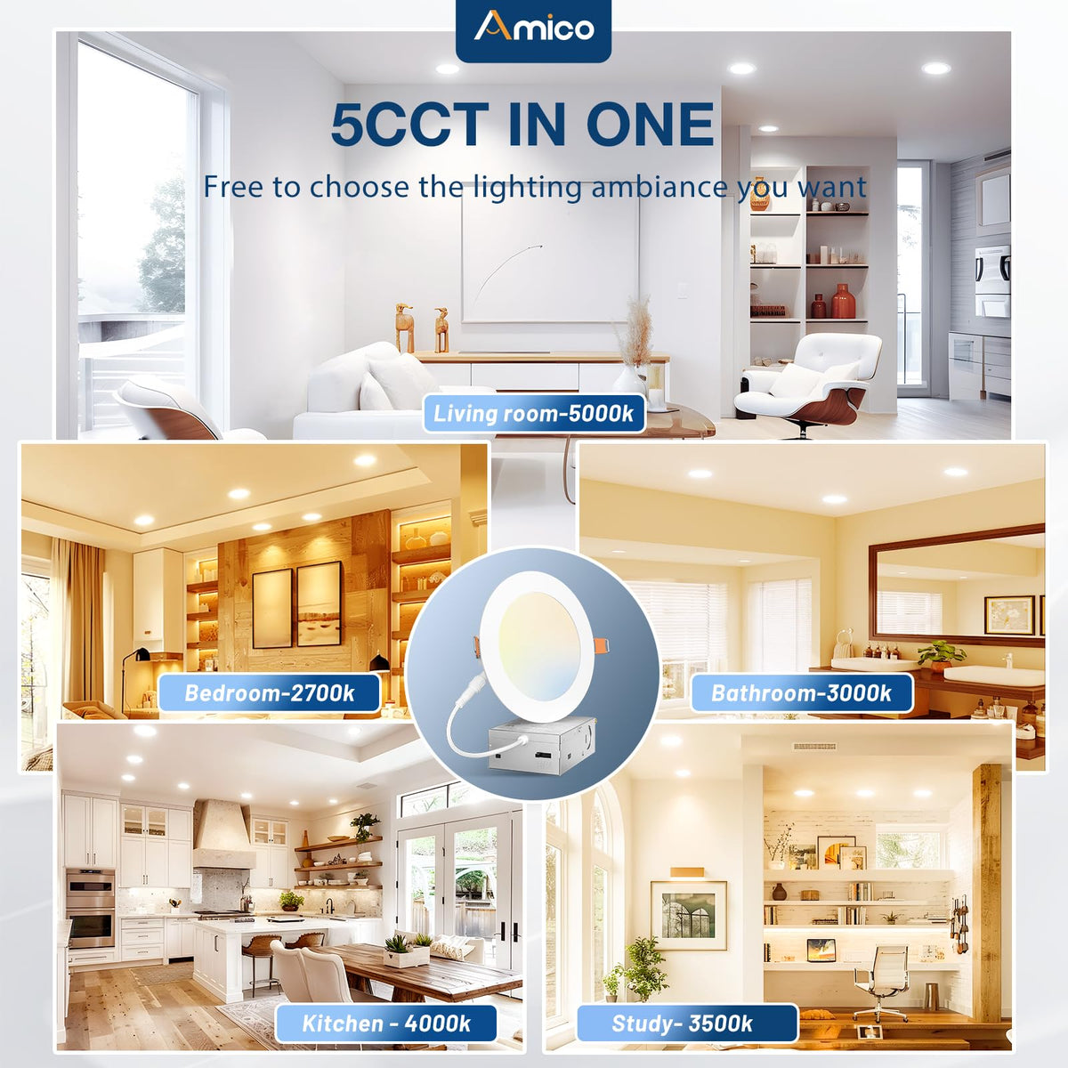 Amico 900 lumen, 11W downlight delivers energy-efficient brightness.