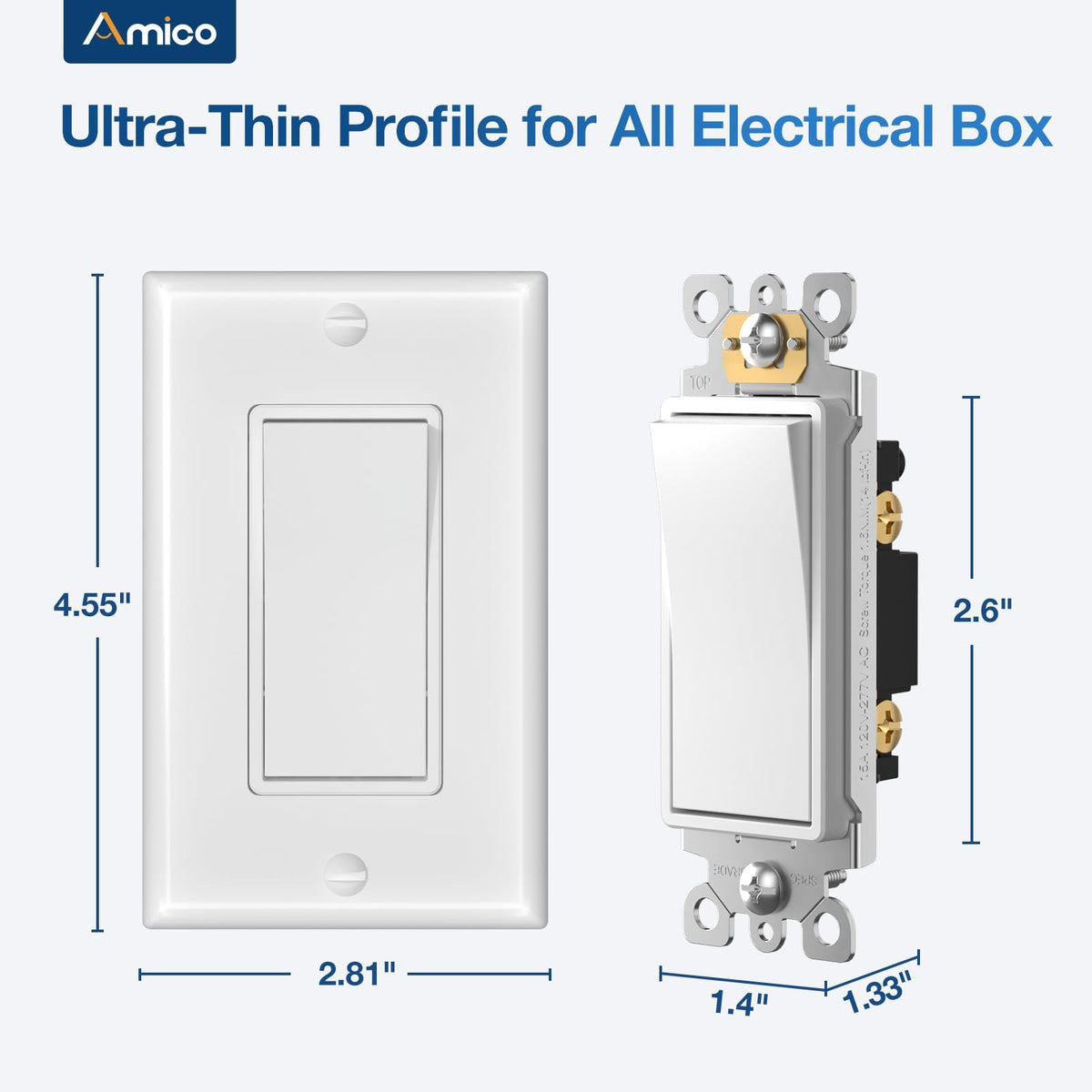 Amico back-entry terminal installation visual for flexible wiring setup.