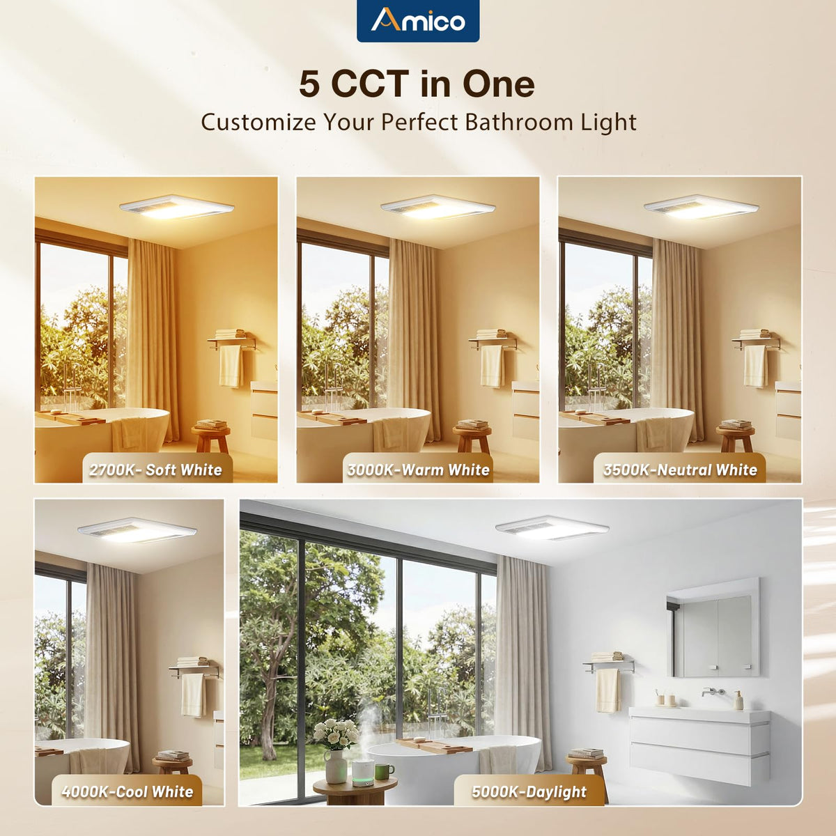 Amico ceiling installation fits standard 8.8 by 8.8 inch opening.