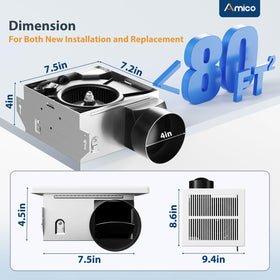 Amico exhaust fan with duct connection illustrating 4-inch duct compatibility for retrofits.