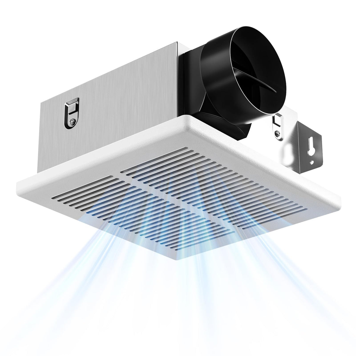 Amico bathroom exhaust fan front view showing compact housing for ceiling installation and quiet operation.