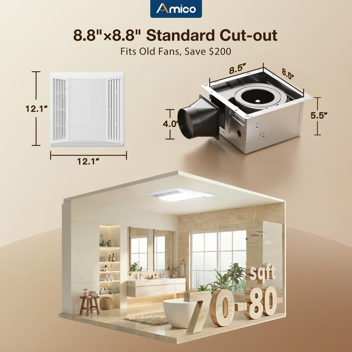 Amico LED light dim control in bathroom setting.
