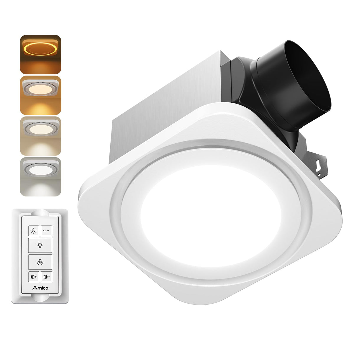 Amico bathroom exhaust fan with light showing 80 CFM airflow for efficient steam removal