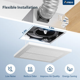 Amico unit operating at 1.0 sones for quiet bathroom ventilation.