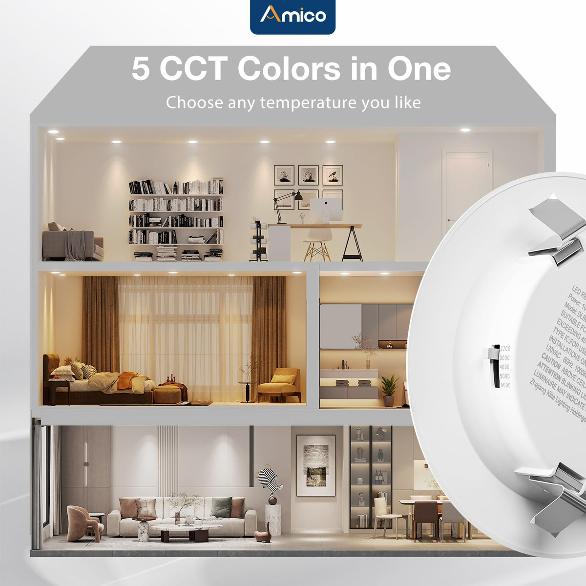 Amico recessed lights are dimmable for eye-friendly brightness control.