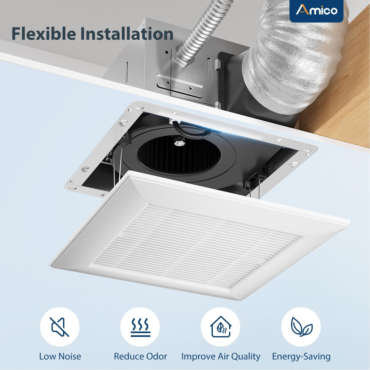 Amico ceiling cutout 10.7 x 10.7 inches shown for precise fit.