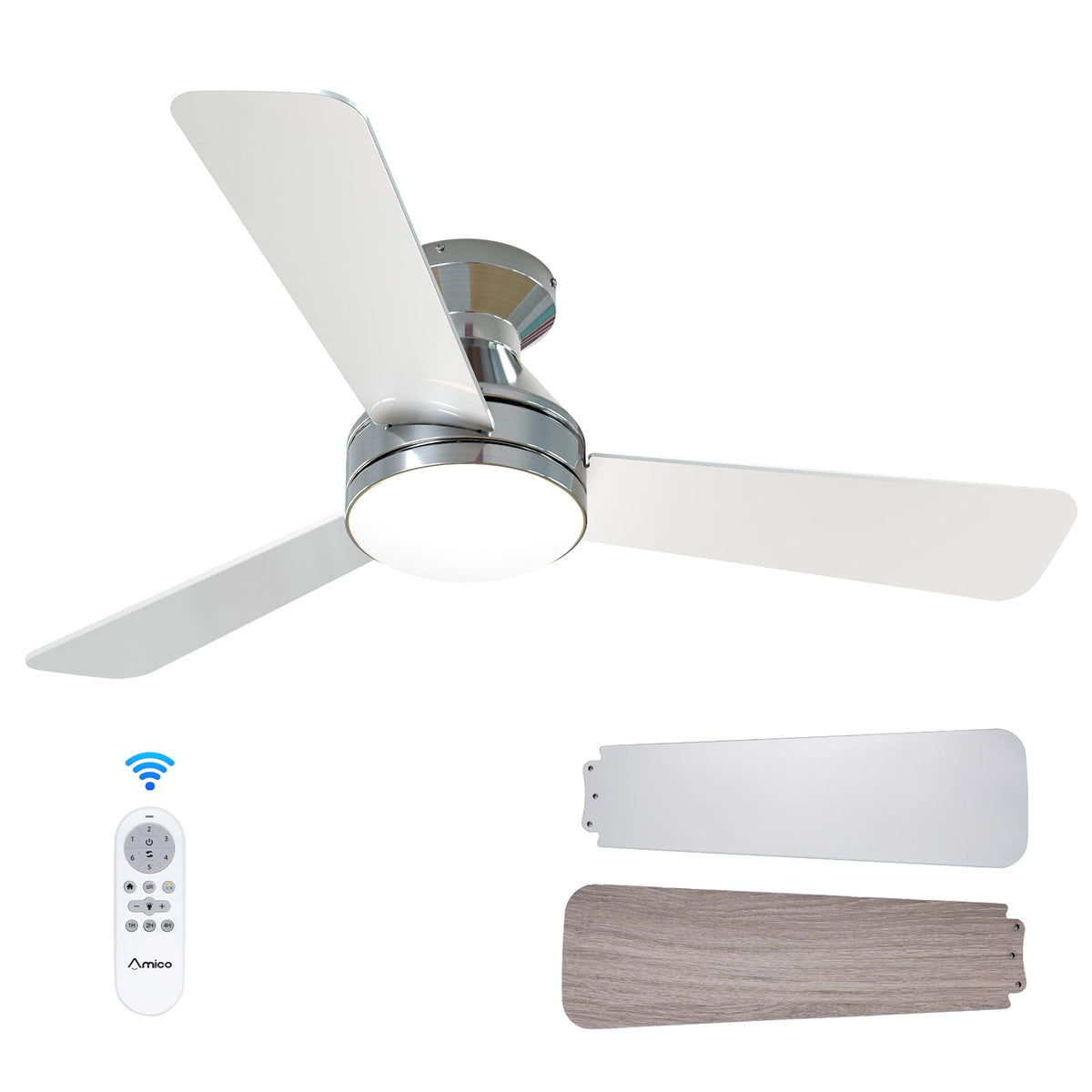 Amico 42in ceiling fan front view with nickel finish for modern spaces.