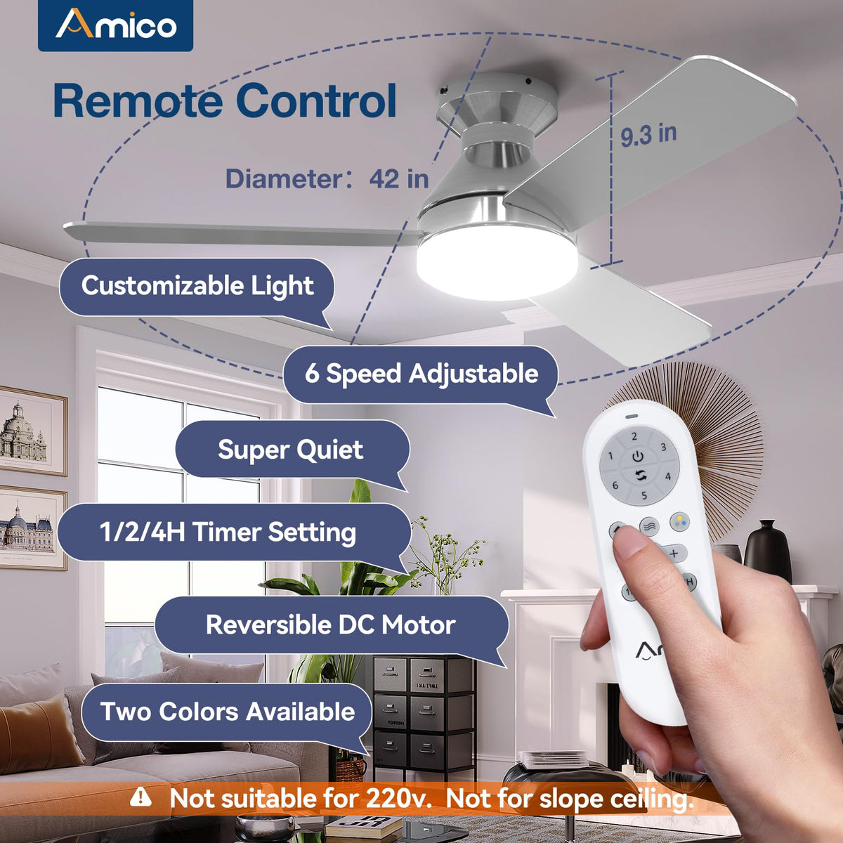 Amico ceiling fan remote control demonstrates easy speed and light adjustments.