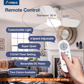 Amico flush-mount ceiling fan blends with decor for subtle airflow.