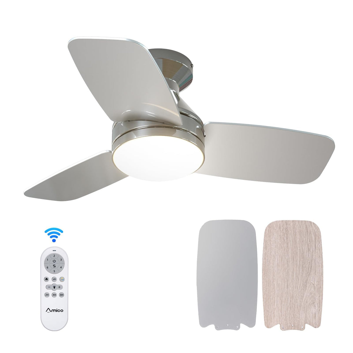 Amico ceiling fan with light close-up showcases sleek nickel finish and dimmable LED.
