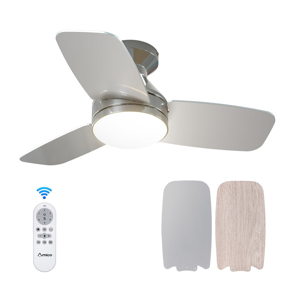 Amico ceiling fan with light close-up showcases sleek nickel finish and dimmable LED.