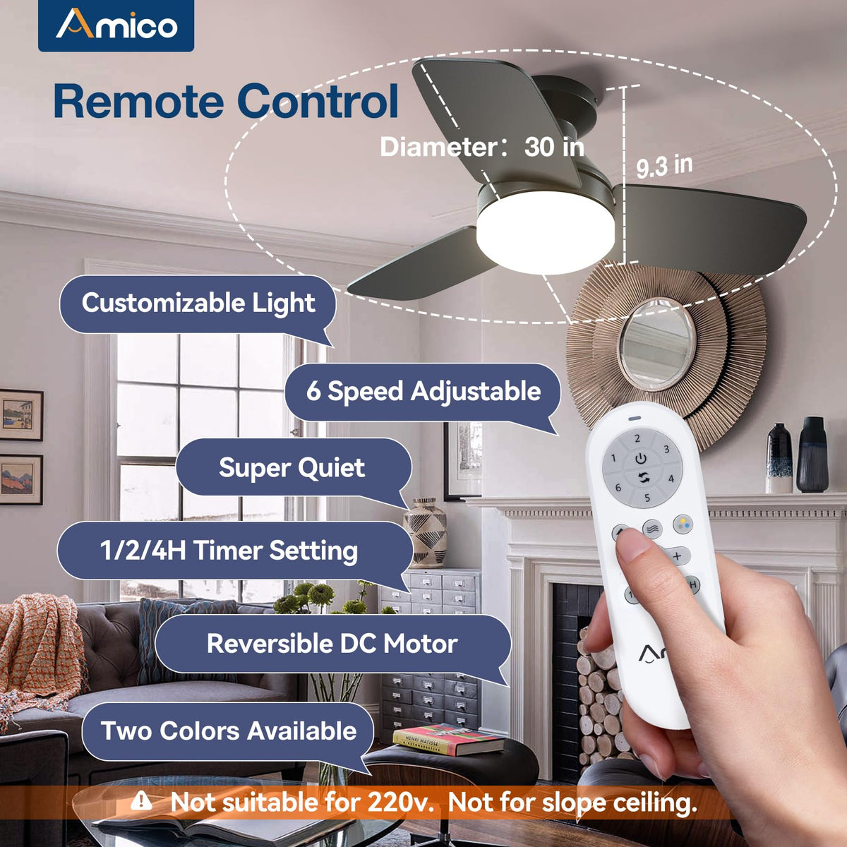 Amico ceiling fan with dimmable light and 3 color temps, enhances ambiance.
