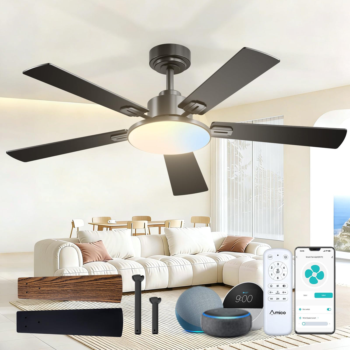 Amico 52-inch ceiling fan with lights, front view, quiet cooling and illumination.