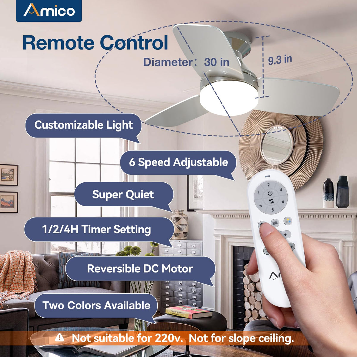 Amico ceiling fan with remote control demonstrates effortless wireless operation.