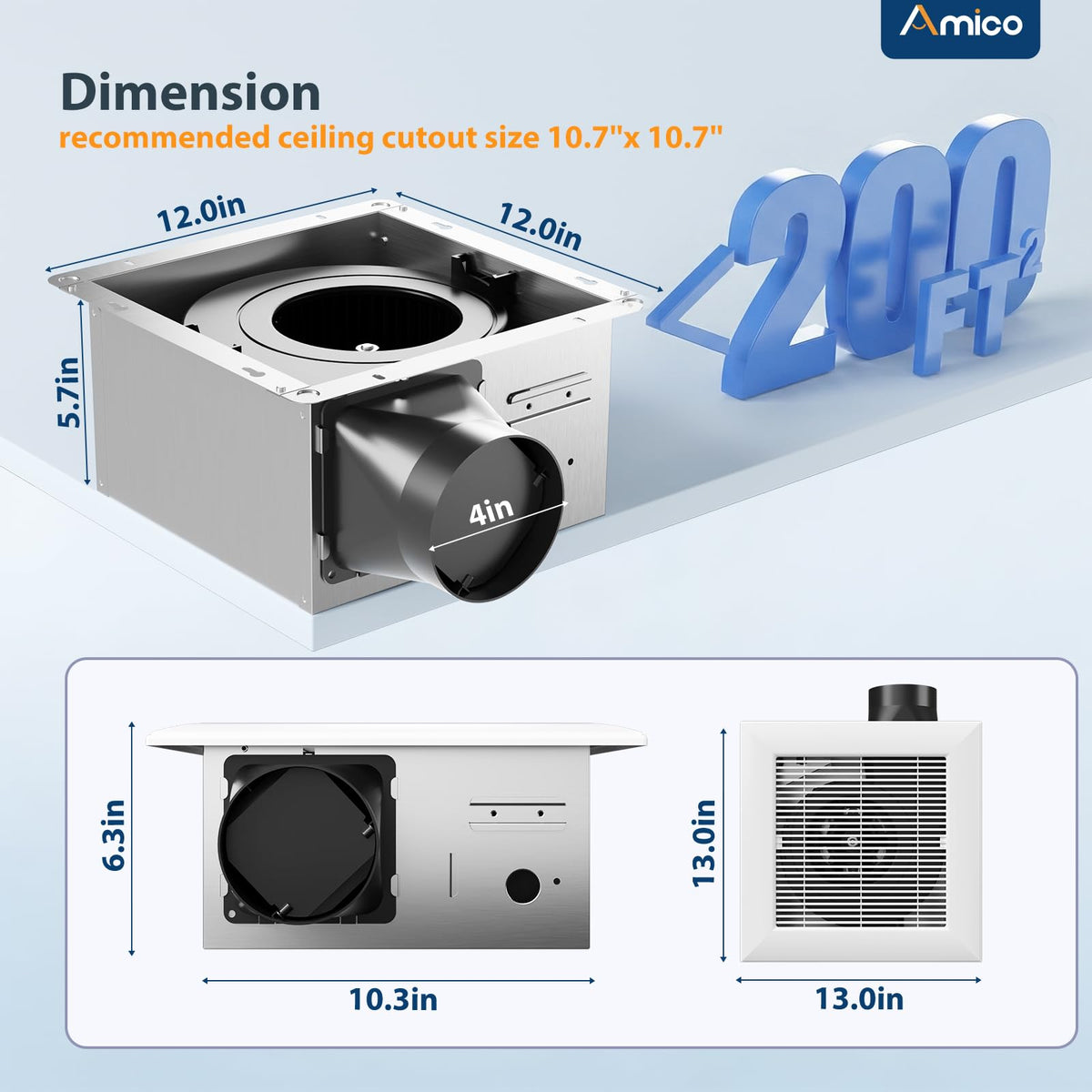 Amico ceiling-mounted exhaust fan shown for discreet ventilation in bathrooms.