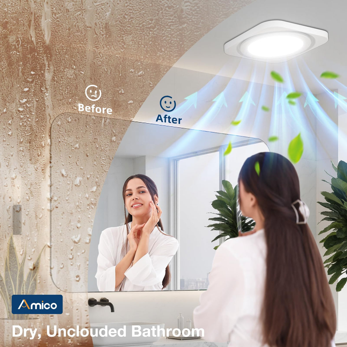 Amico 80 sq ft coverage efficiently ventilates small bathrooms.
