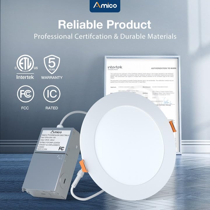 Amico damp-rated fixture suitable for bathrooms, basements, and covered areas.