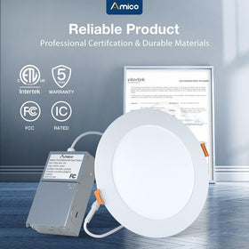 Amico damp-rated fixture suitable for bathrooms, basements, and covered areas.