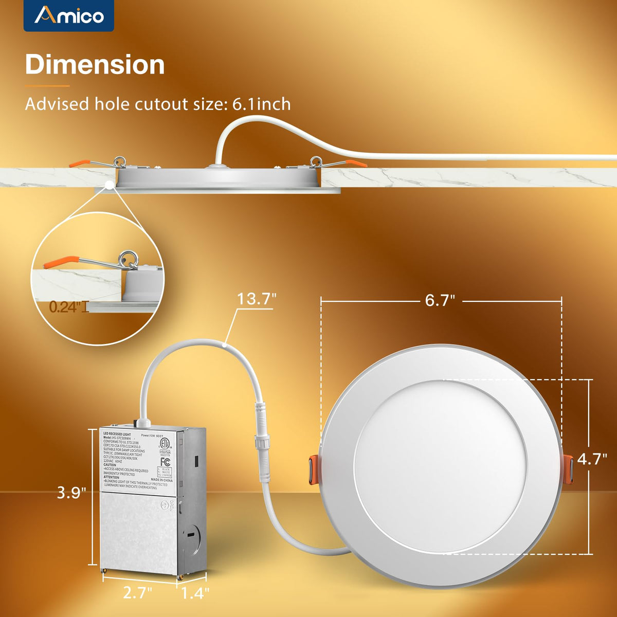 Amico damp-rated lights suitable for bedrooms, kitchens, and bathrooms.