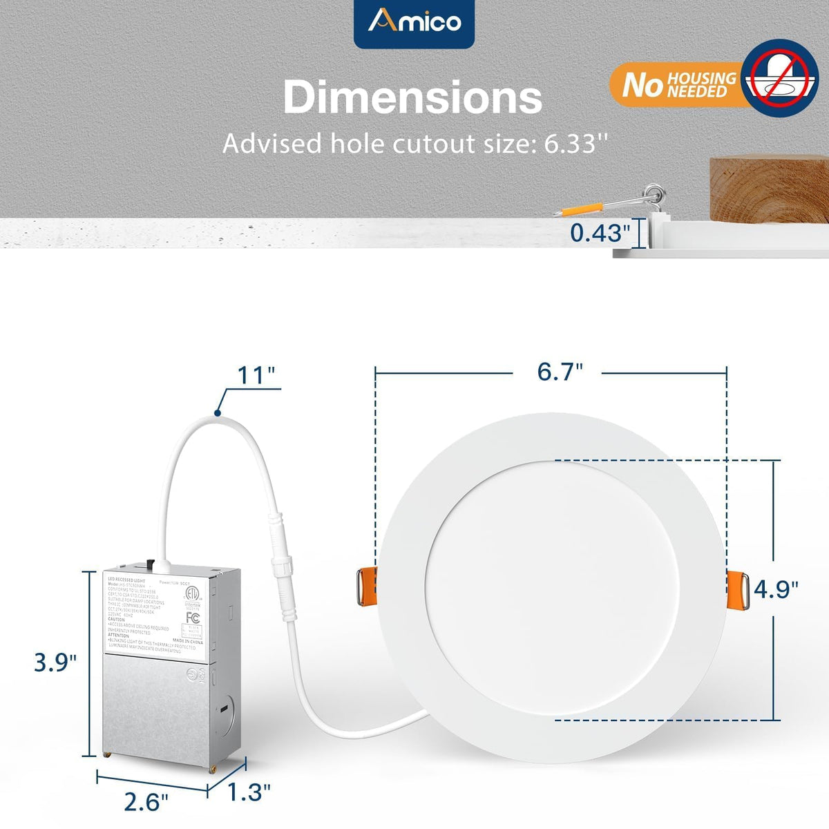 Amico damp-rated LED downlight suitable for bathrooms and basements.