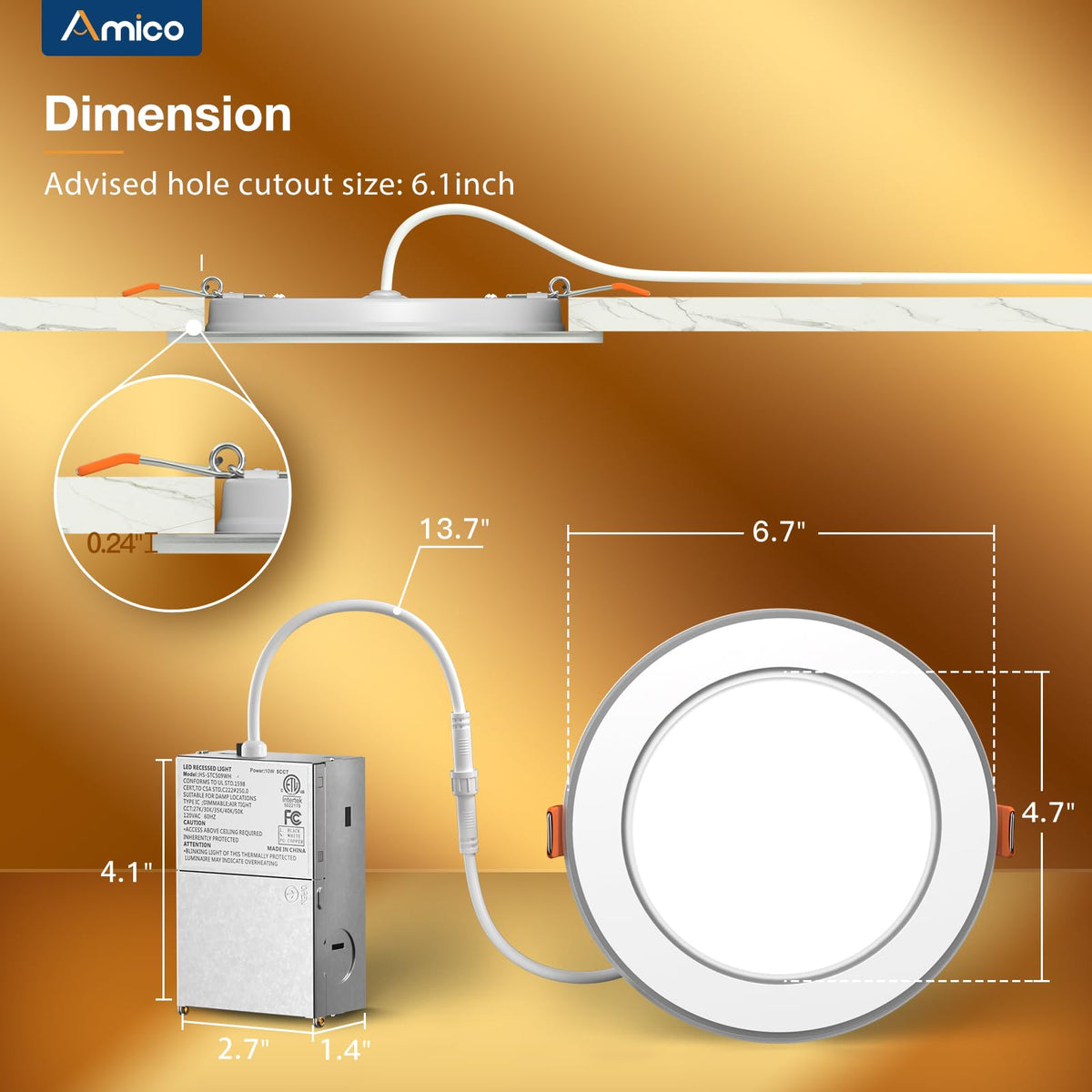 Amico damp-rated fixture is suitable for bathrooms, basements, and covered outdoor areas