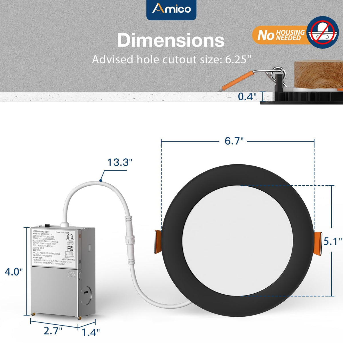 Amico 12W dimmable downlight delivering 1050 lumens for bright, energy-efficient rooms.
