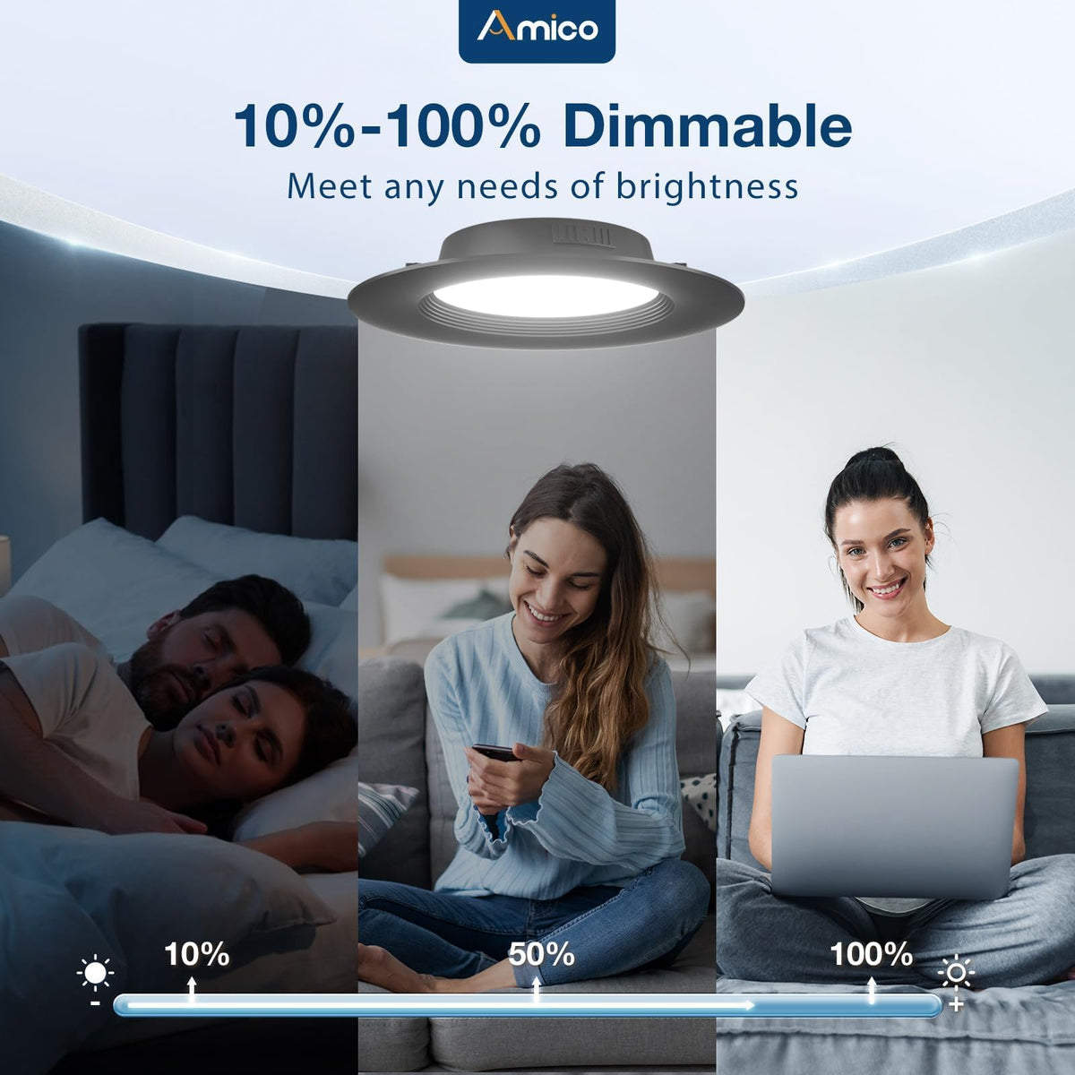 Amico dimmable downlight with adjustable brightness for comfort.