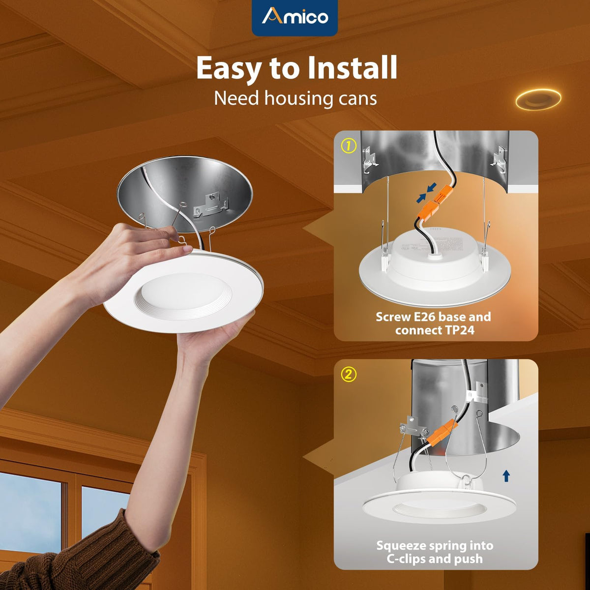 Amico dimmable LED downlights for adjustable brightness.