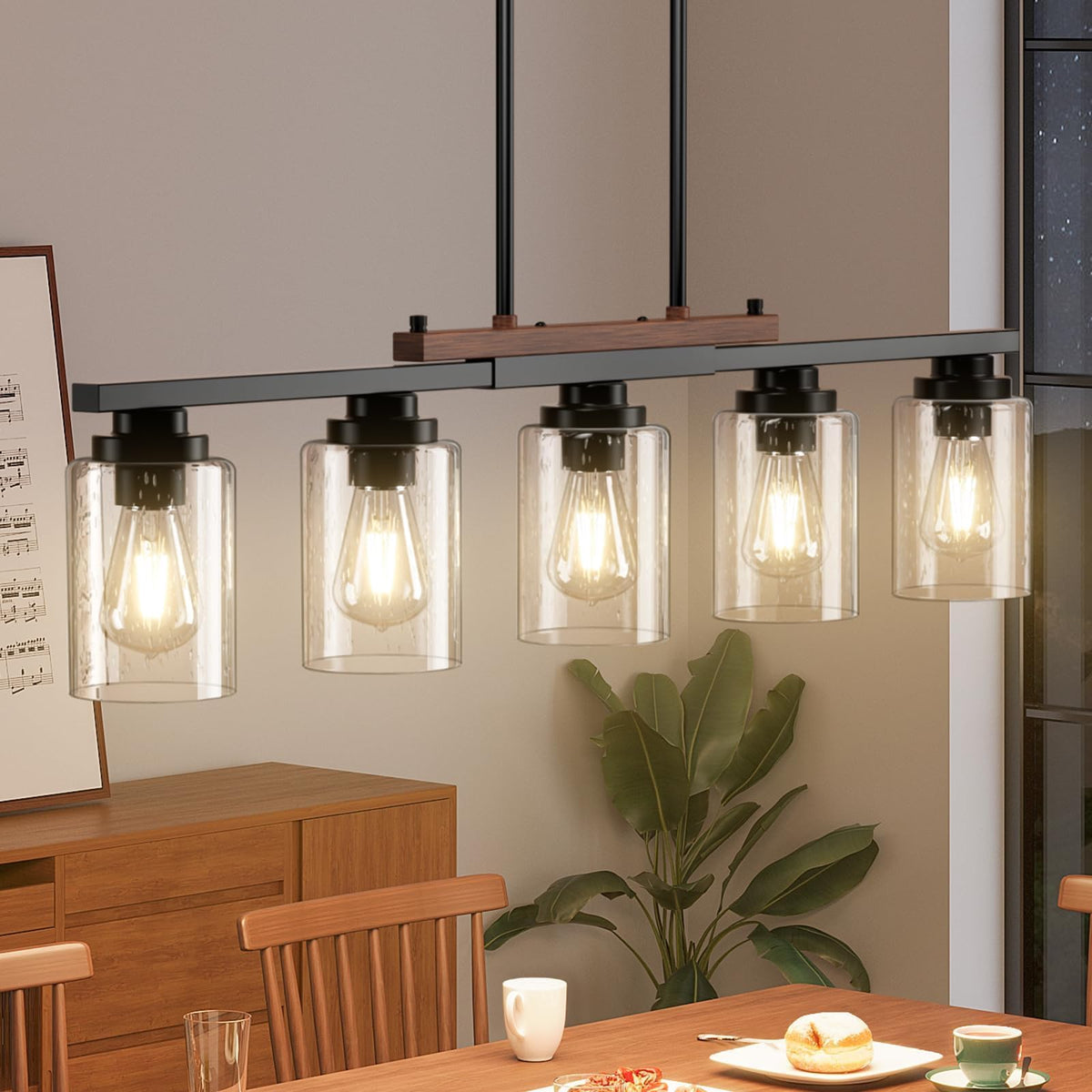 Amico 5-light chandelier in black metal with wood accents