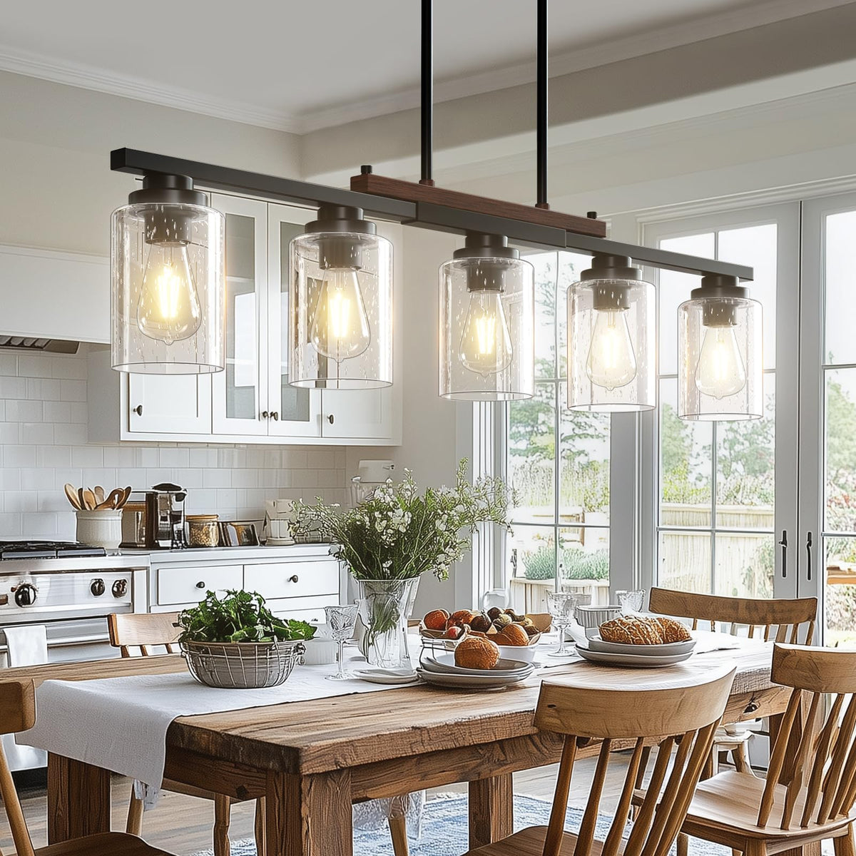 Amico dining room chandelier with seeded glass shade and black metal finish for warm ambiance