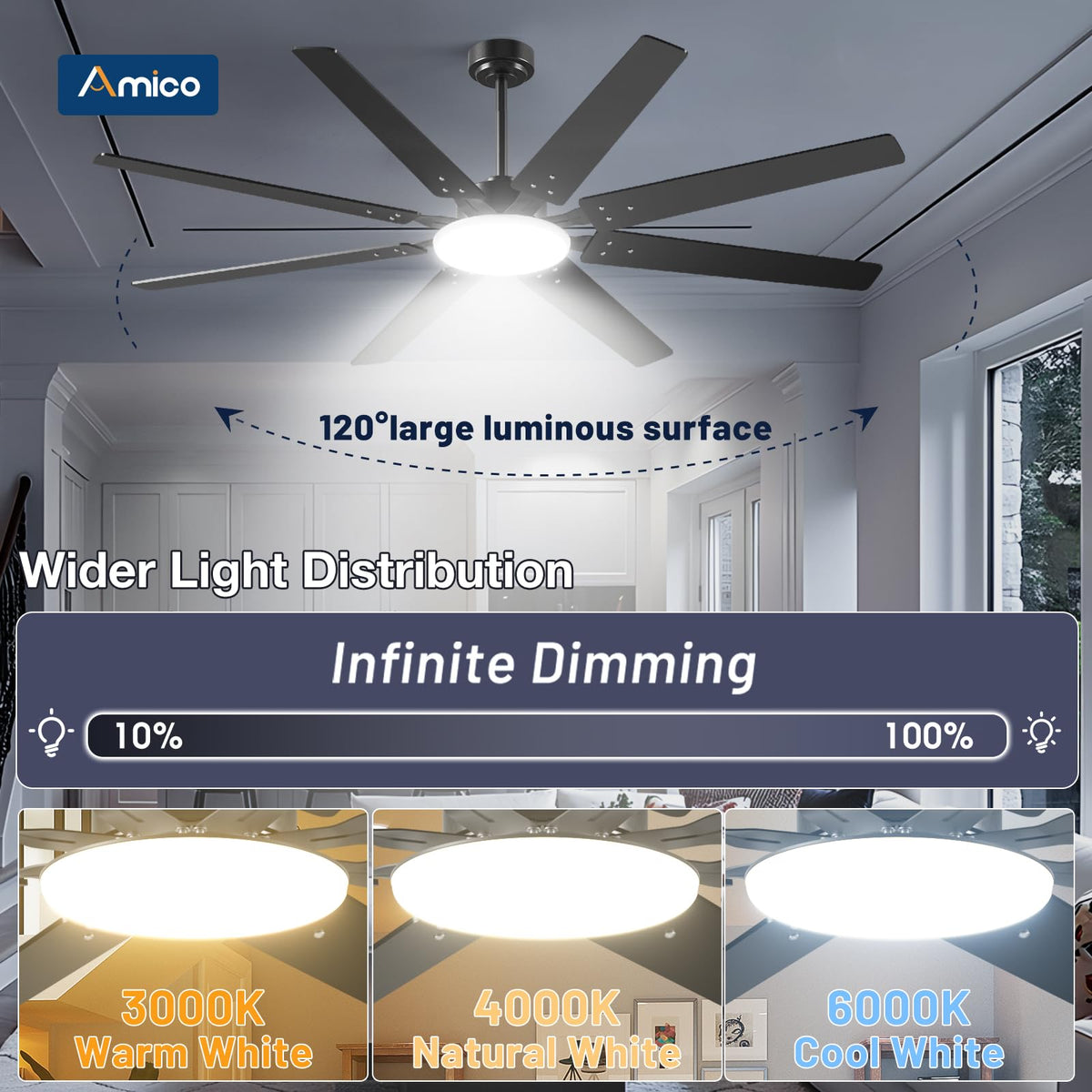Amico dual-direction blades in black and walnut complement décor.
